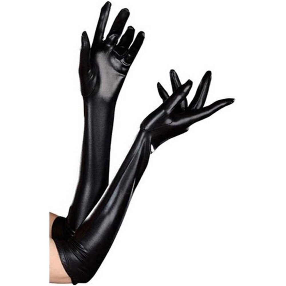 Women Black Wet Look Long Gloves Costume Cosplay Photoshoot Elegant Accessory